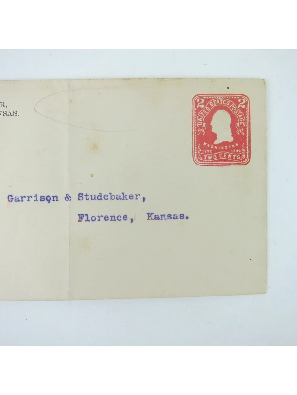 US Postal Stationery Garrison & Studebaker Florence Kansas 2 cent Antique